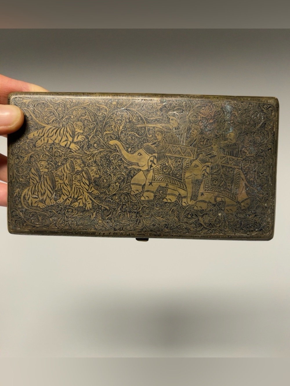 Vintage Brass Etched Cigarette Case Elastic Band Ornate Elephants Hunting Patina